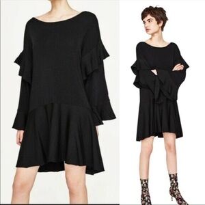 Zara Knit Black Flowy Ruffle Bell Sleeve Midi Drop Waist Oversized Dress Size S